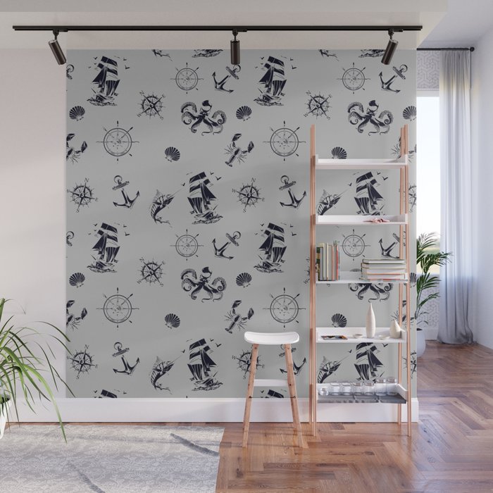 Light Grey And Blue Silhouettes Of Vintage Nautical Pattern Wall Mural