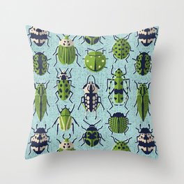 These don't bug me // mint background neon green and black and ivory retro paper cut beetles and insects Throw Pillow