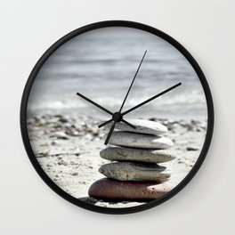 Relaxing ocean beach balancing stones, Coastal zen pebble tower, Meditation Wall Clock