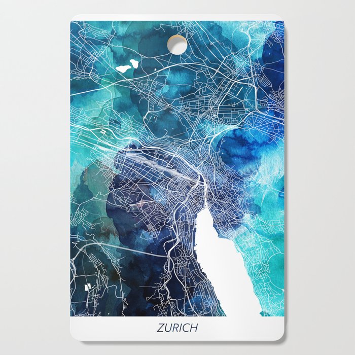 Zurich Map Navy Blue Turquoise Watercolor Zurich Switzerland City Map Cutting Board