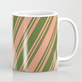 [ Thumbnail: Dark Salmon and Dark Olive Green Colored Striped/Lined Pattern Coffee Mug ]