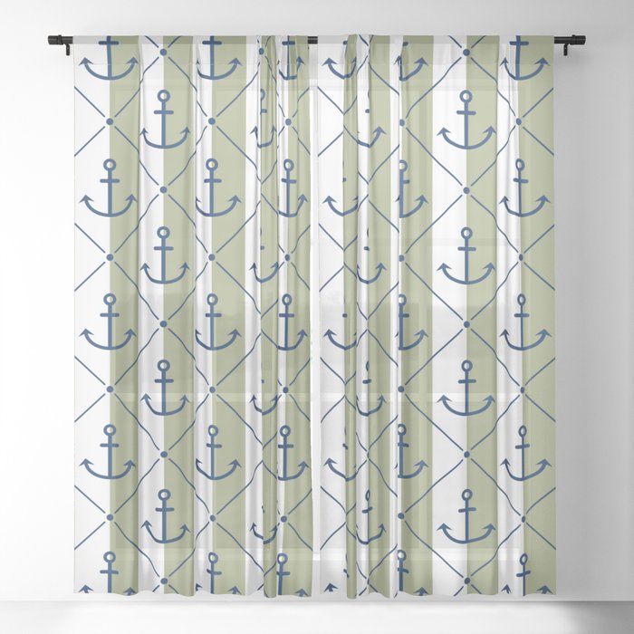 Navy Blue Anchor Pattern on White and Sage Green Sheer Curtain