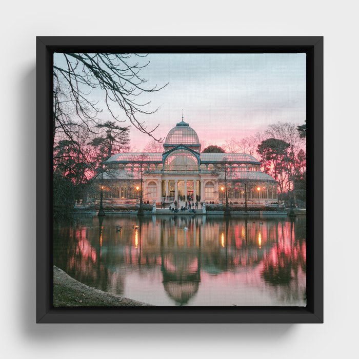 Spain Photography - The Glass Palace In Madrid By The Pink Sky  Framed Canvas