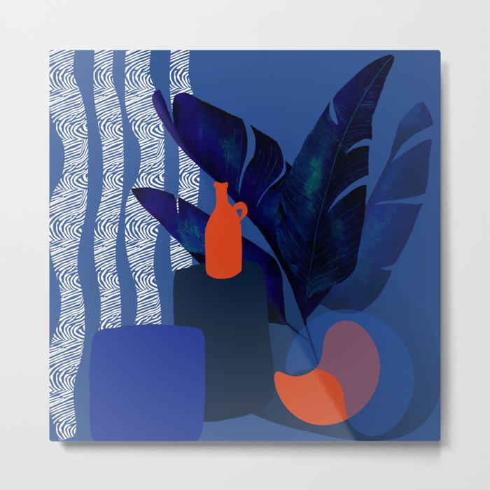 Shades Of Blue Abstract Retro Still Life Illustration With Tropical Leaves Metal Print