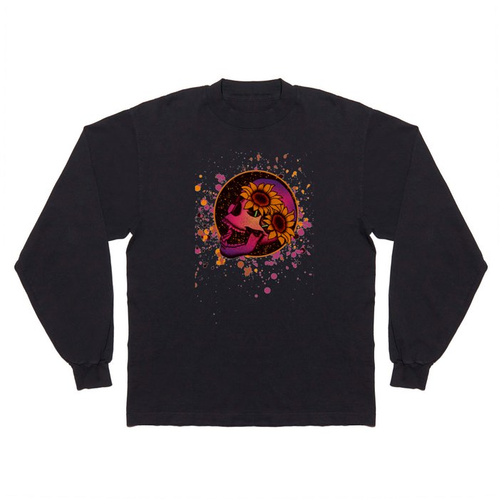 Purple Sunflower Skull Long Sleeve T Shirt