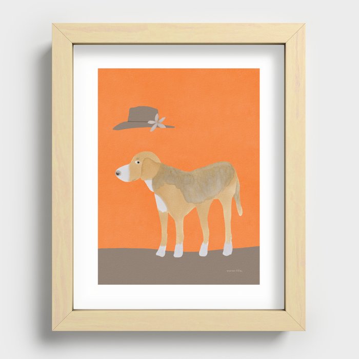 Dog and a Flying Hat - Brown and Orange Recessed Framed Print