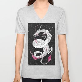Illustration of a white dragon from the east in  black and red ink. V Neck T Shirt
