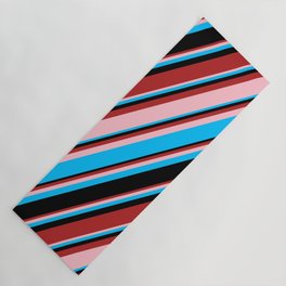 [ Thumbnail: Red, Pink, Deep Sky Blue, and Black Colored Stripes/Lines Pattern Yoga Mat ]