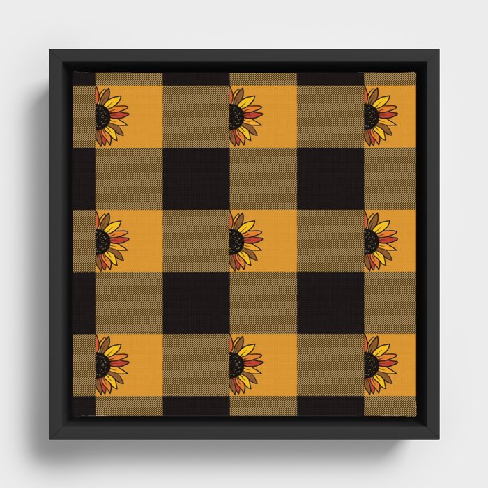 Orange Black Square Check Gingham Plaid Tartan Pattern with Sunflowers Framed Canvas