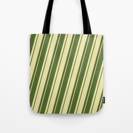 [ Thumbnail: Dark Olive Green & Pale Goldenrod Colored Pattern of Stripes Tote Bag ]