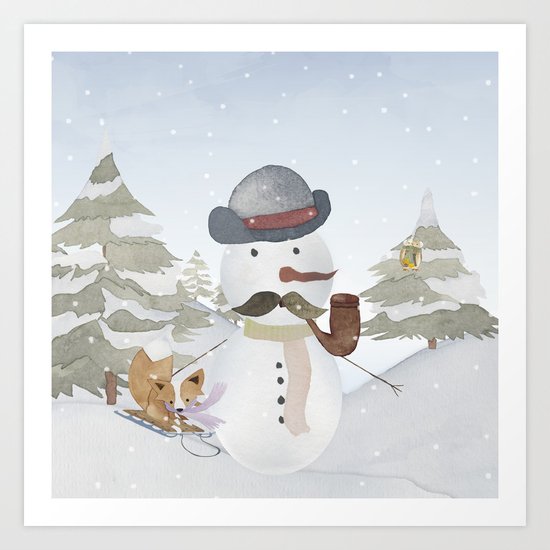 Winter Wonderland- Funny Snowman and friends - Watercolor illustration III Art Print