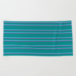 [ Thumbnail: Dark Cyan, Aqua, and Deep Pink Colored Striped Pattern Beach Towel ]