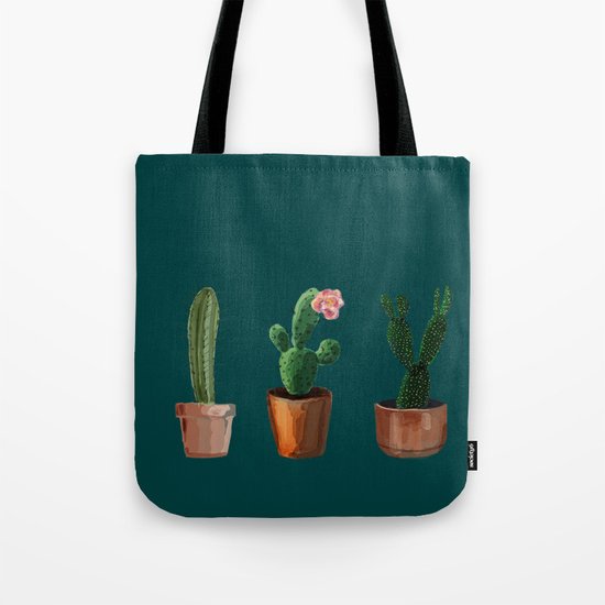 Three Cacti On Green Background Tote Bag