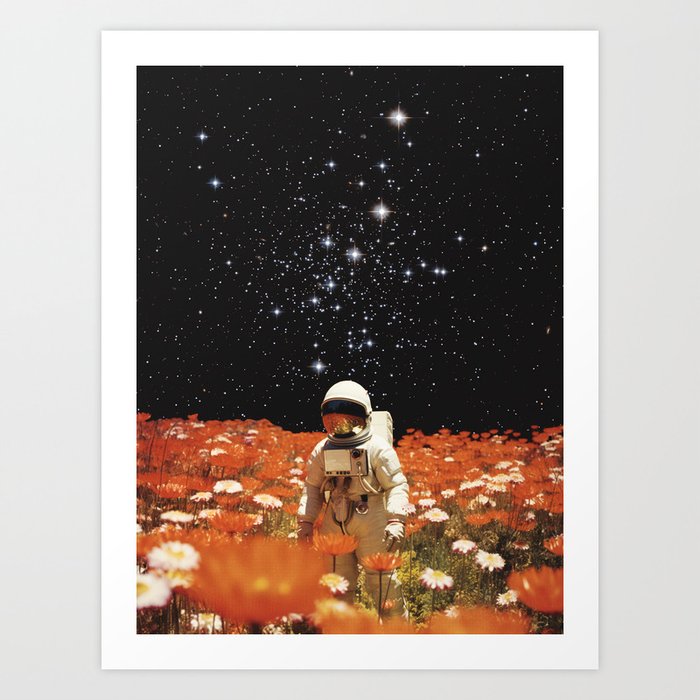 Astronaut in Orange Flower Field Art Print