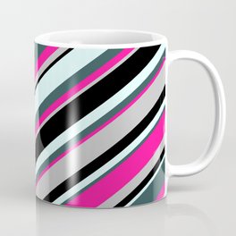 [ Thumbnail: Colorful Light Cyan, Dark Slate Gray, Deep Pink, Grey & Black Colored Lines/Stripes Pattern Coffee Mug ]