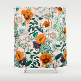 Wildflowers, Vintage Botanical Blush Floral Garden Illustration, Tropical Nature Bohemian Painting Shower Curtain
