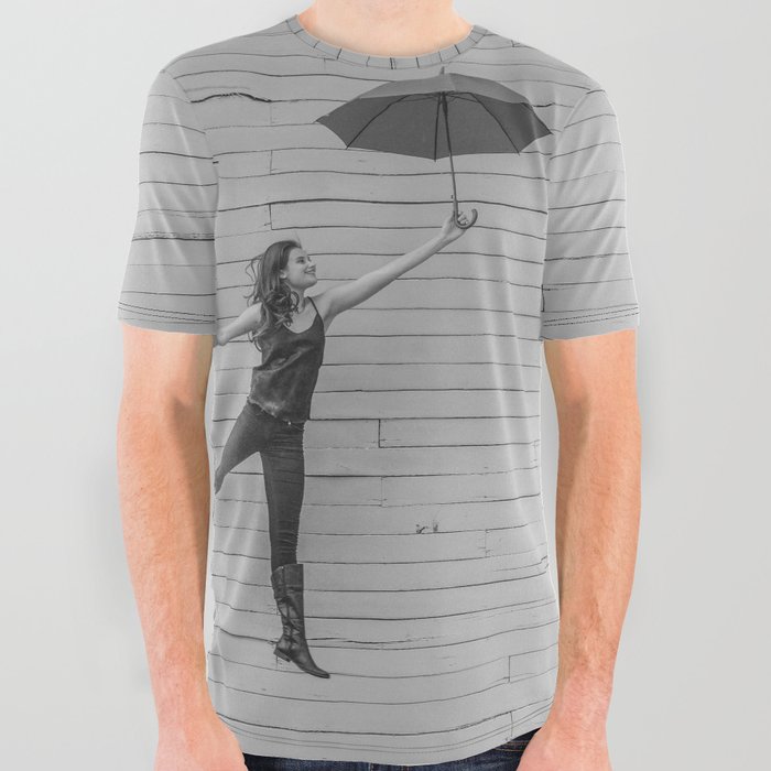 On the way to the break of day; woman flying with umbrella confidence inspirational female black and white photograph - photography - photographs All Over Graphic Tee