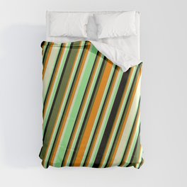 [ Thumbnail: Colorful Dark Orange, Light Yellow, Green, Black, and Dark Olive Green Colored Pattern of Stripes Duvet Cover ]