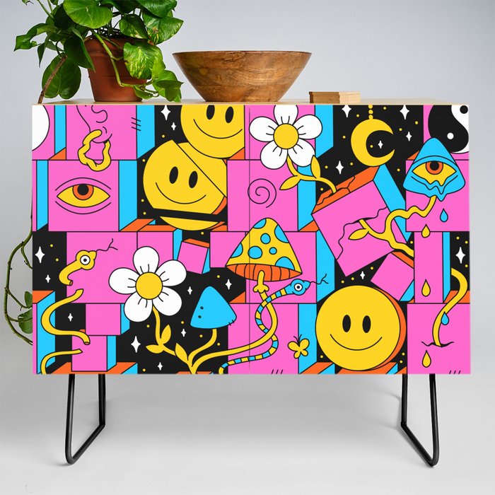 Pink Trippy Eye Blocks With White Flowers, Smileys and Mushrooms Credenza