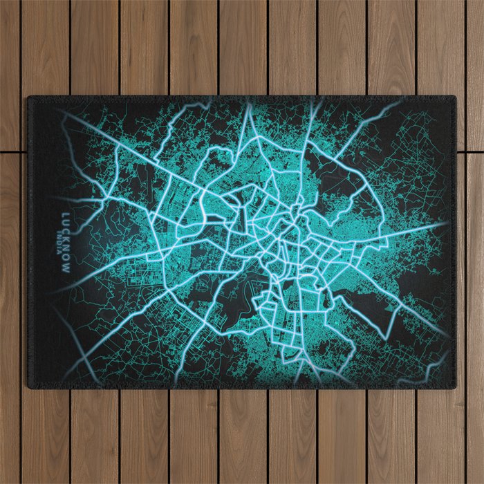 Lucknow, India, Blue, White, Neon, Glow, City, Map Outdoor Rug