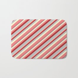 [ Thumbnail: Light Yellow, Light Coral, Red, and Grey Colored Lines/Stripes Pattern Bath Mat ]