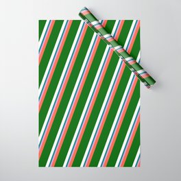 [ Thumbnail: Vibrant Red, Dark Green, White, Teal & Plum Colored Striped Pattern Wrapping Paper ]