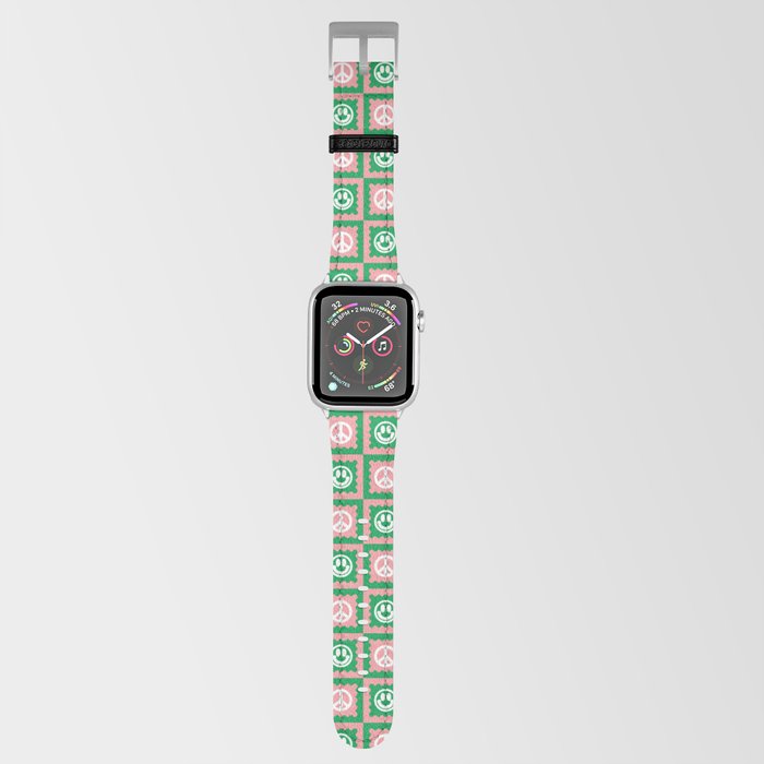 Funky Checkered Smileys and Peace Symbol Pattern (Pink, Green, White) Apple Watch Band