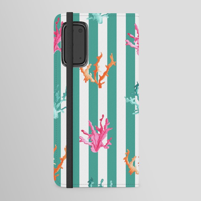 Colorful Coral Reef on Turquoise Green Stripes Android Wallet Case