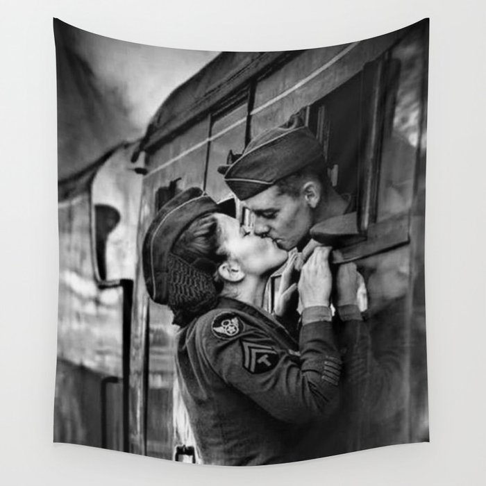 The Kiss The Last Goodbye Lovers kissing goodbye through open window on train black and white photograph Wall Tapestry