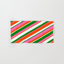[ Thumbnail: Green, Hot Pink, Red, and Mint Cream Colored Pattern of Stripes Hand & Bath Towel ]