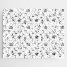 Simple black white watercolor foliage flowers Jigsaw Puzzle