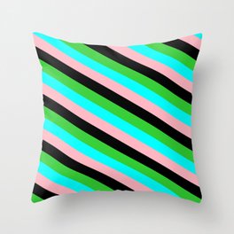 [ Thumbnail: Lime Green, Cyan, Light Pink & Black Colored Striped Pattern Throw Pillow ]