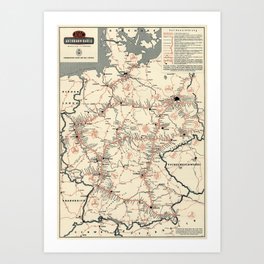 ADAC Autobahn-Karte. 1950 Vintage Map of Autobahn in Germany. Art Print