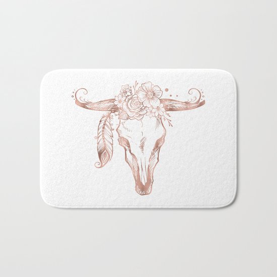 Rose Gold Bull Skull with Pink Feather Flowers Bath Mat