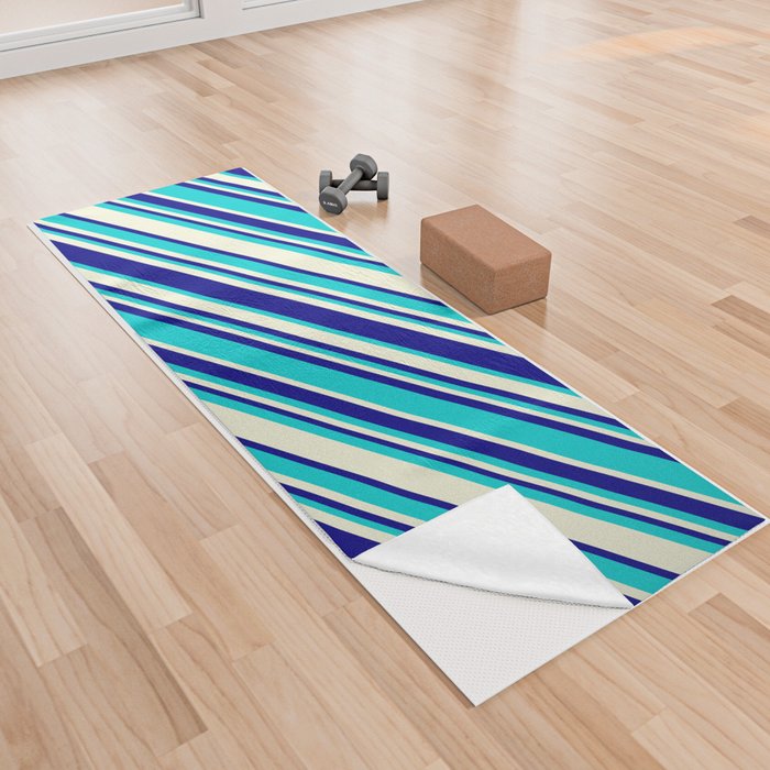 Beige, Blue & Dark Turquoise Colored Striped/Lined Pattern Yoga Towel