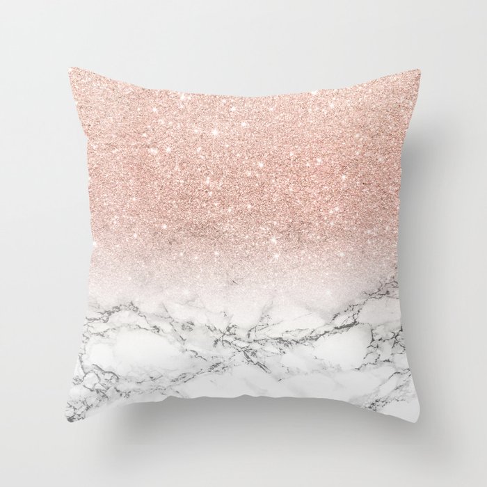 Modern faux rose gold pink glitter ombre white marble Throw Pillow