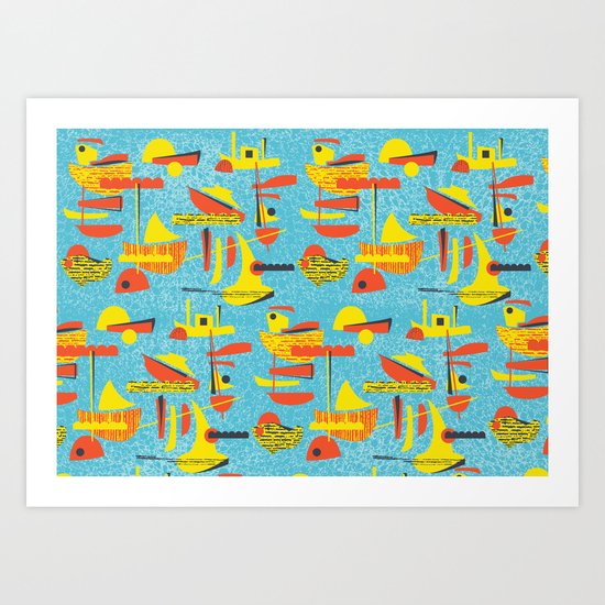 Abstract Boats inspired by midcentury 1950s design Art Print