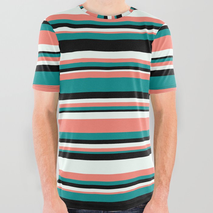 Mint Cream, Salmon, Dark Cyan & Black Colored Lined/Striped Pattern All Over Graphic Tee