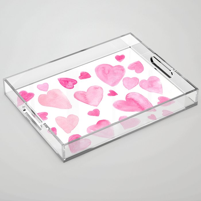 Pink Watercolor Hearts Acrylic Tray