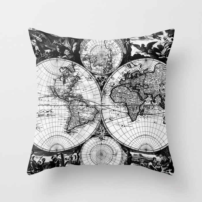 Vintage Map of The World (1685) Black & White Throw Pillow