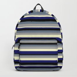 [ Thumbnail: Colorful Slate Gray, Dark Gray, Light Yellow, Midnight Blue, and Black Colored Lined/Striped Pattern Backpack ]