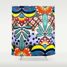 Colorful Talavera, Yellow Accent, Large, Mexican Tile Design Shower Curtain