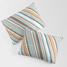 [ Thumbnail: Dim Gray, Light Cyan, Brown & Light Blue Colored Striped Pattern Pillow Sham ]