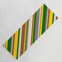 [ Thumbnail: Eye-catching Gray, Beige, Sienna, Yellow, and Dark Green Colored Lines/Stripes Pattern Yoga Mat ]