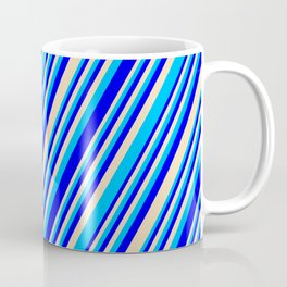 [ Thumbnail: Blue, Tan, and Deep Sky Blue Colored Lined/Striped Pattern Coffee Mug ]