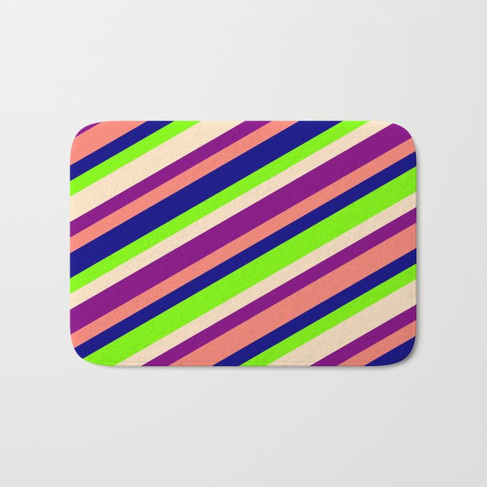 Colorful Bisque, Purple, Salmon, Blue & Green Colored Lined/Striped Pattern Bath Mat