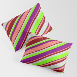 [ Thumbnail: Light Grey, Green, Purple, Salmon, and Dark Red Colored Striped Pattern Pillow Sham ]
