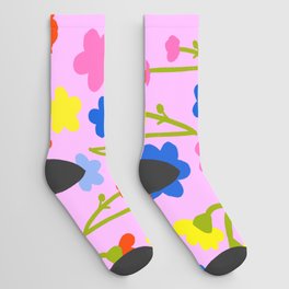 Colorful 80’s Retro Summer Flowers On Pastel Pink Socks
