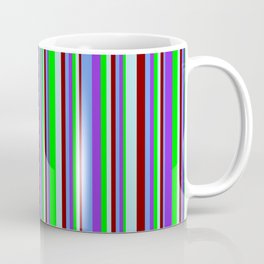 [ Thumbnail: Vibrant Maroon, Powder Blue, Lime, Purple & Cornflower Blue Colored Striped Pattern Coffee Mug ]
