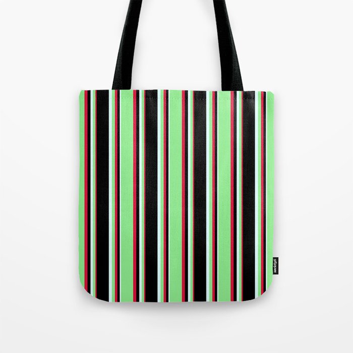 Crimson, Light Green, Light Cyan, and Black Colored Pattern of Stripes Tote Bag